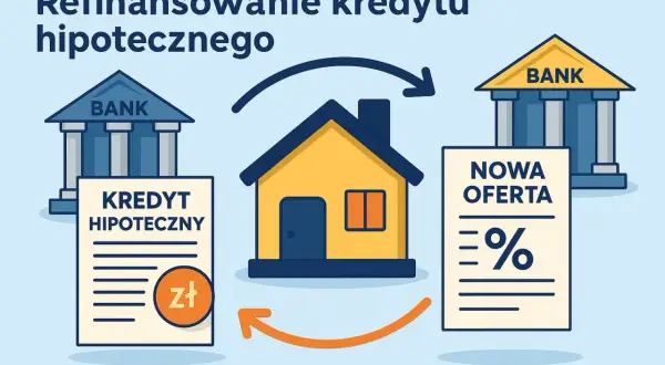 Ilustracja pokazuje przeniesienie kredytu hipotecznego. Dom symbolizuje klienta, który przenosi swój kredyt z jednego banku do drugiego, szukając lepszej oferty.