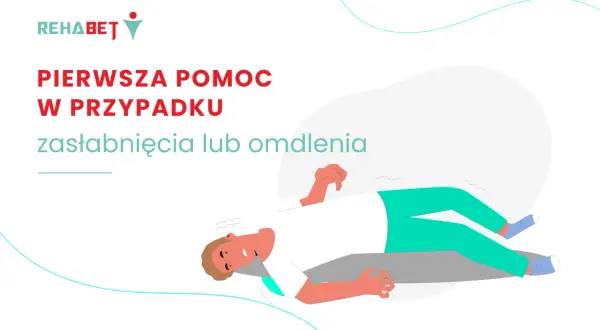 Pierwsza pomoc w przypadku zasłabnięcia lub omdlenia. Ilustracja przedstawia osobę leżącą, która doświadcza omdlenia (ICD-10 R55).