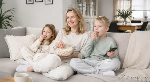 Rodzina ogląda film z popcornem. Idealny sposób na spędzenie 1 czerwca, dnia dziecka.