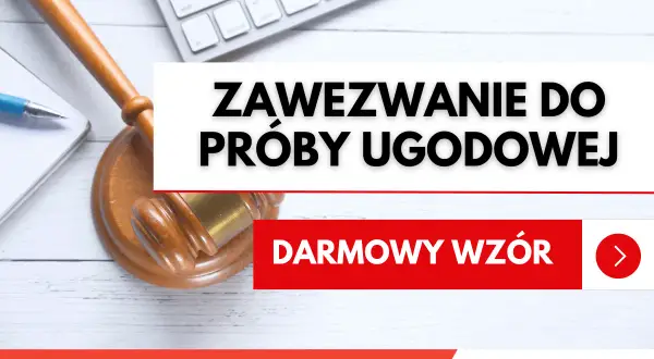 Młotek sędziowski i klawiatura symbolizują prawo. Tekst "ZAWEZWANIE DO PRÓBY UGODOWEJ" oraz "DARMOWY WZÓR" sugeruje pomoc prawną.