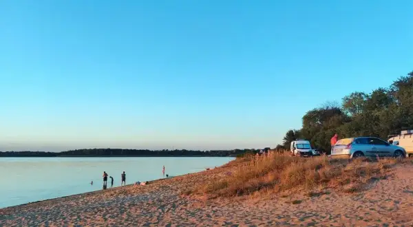 Piękny dzień nad jeziorem Dzierżno Duże. Ludzie kąpią się, a obok zaparkowane samochody i kampery.