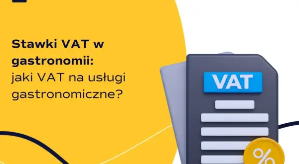 Grafika informuje o stawkach VAT w gastronomii, prezentując ikonę dokumentu z napisem VAT i monetę z procentem.