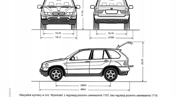 BMW E60 wymiary: schemat z widokami przód, tył i bok, z podanymi wymiarami długości, szerokości i wysokości.