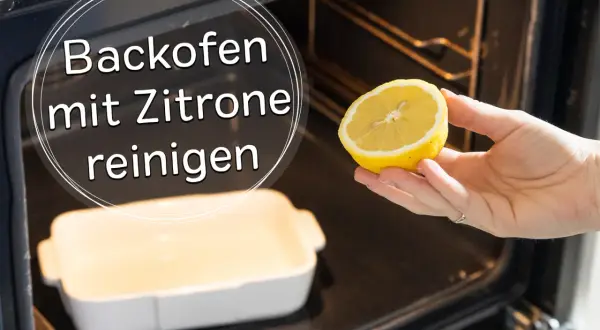 Eine Hand hält eine Zitronenhälfte, um den Backofen zu reinigen. Ein weißes Auflaufform steht bereit.