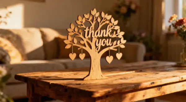 Drewniane drzewko z wyciętym napisem "thank you" i wiszącymi serduszkami. Ciepłe światło podkreśla jego urok.
