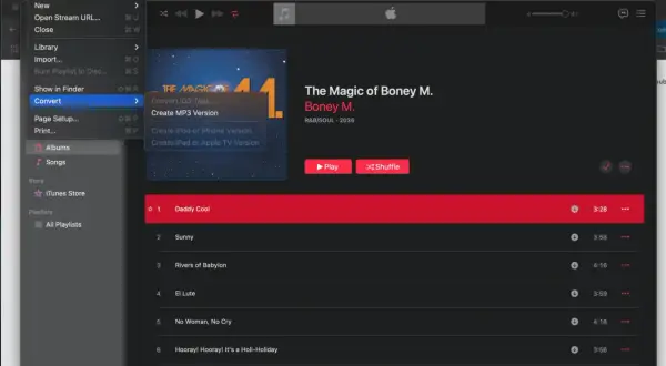 Apple Music app on Mac showing the "Convert" menu open, with "Create MP3 Version" highlighted, ready to convert audio files.
