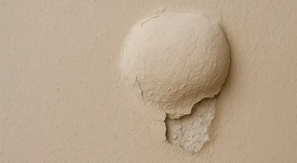 Rigonfiamento intonaco: la pittura si stacca rivelando la causa sottostante, probabilmente umidità.