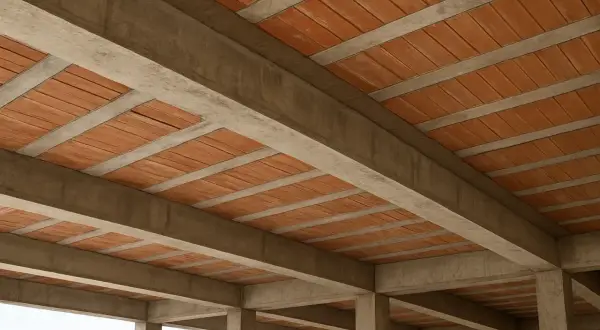 Widok z dołu na betonowe belki i pustaki ceramiczne, tworzące strop. Różne rodzaje stropów w budowie.