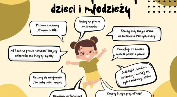 Ilustracja przedstawia dziewczynkę wesoło podskakującą, otoczoną dymkami z hasłami o ochronie dzieci. Jej radosny temperament podkreśla hasło "Każdy ma prawo do szacunku".