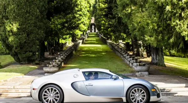 Srebrno-biały Bugatti Veyron na tle alei wysadzanej drzewami i kamiennymi schodami.