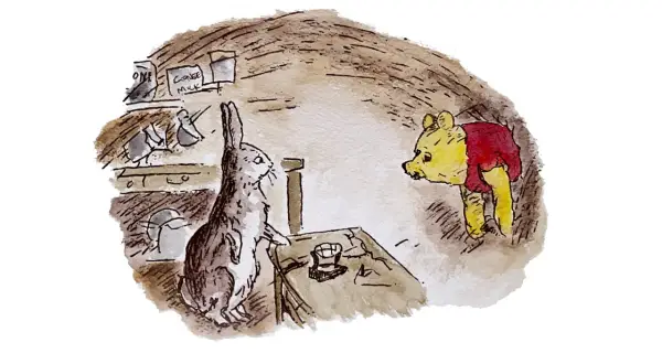 Winnie the Pooh original illustrations: Rabbit stands in his burrow, looking at Pooh Bear. Shelves with jars are visible.