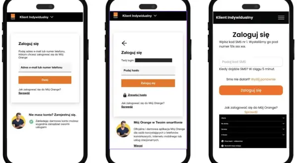 Trzy ekrany aplikacji Mój Orange pokazują proces logowania. Można tu znaleźć kod na sprawdzenie internetu Orange.