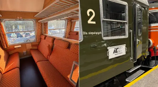 Wnętrze i zewnętrze wagonu pociągu pospiesznego. Pomarańczowe siedzenia i drewniane wykończenie w środku, zielony wagon z napisem "Dla niepalących" na zewnątrz.