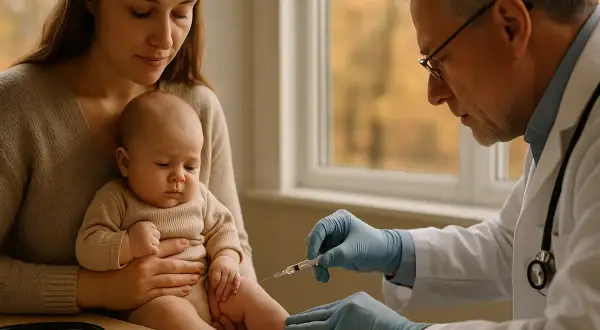 Mama trzyma dziecko, a lekarz podaje pierwsze szczepienie niemowlaka.