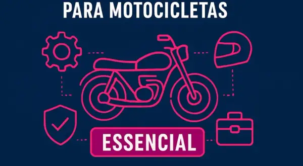 Ilustración de una moto, casco, maletín y engranaje. Todo es esencial para la mejor moto.