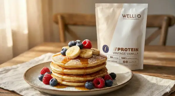 En hög med fluffiga proteinpannkakor, toppade med bär och banan. Bredvid syns en påse Wellio Vintage Vanilla proteinpulver, perfekt för ditt proteinpannkakor recept.