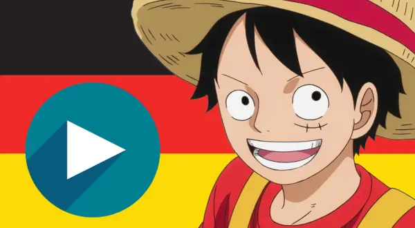 Luffy lächelt vor der deutschen Flagge. Hier erfährst du, wo man One Piece gucken kann. Ein Play-Button ist sichtbar.