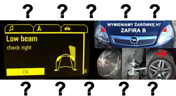 Instrukcja wymiany żarówki H7 w Zafirze B. Komunikat "Low beam check right" i zdjęcie reflektora.