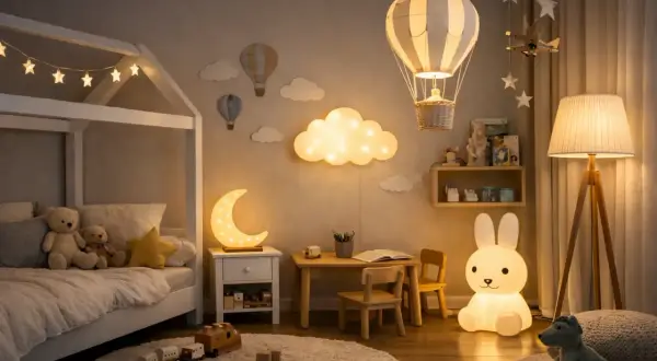 Uroczy pokój dziecięcy z lampą sufitową w kształcie balonu, lampką księżyc, chmurką i lampą-królikiem.