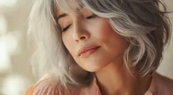 Mujer con un corte wolf cut moderno y cabello plateado, con los ojos cerrados y una expresión serena.