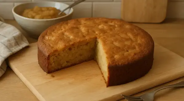Gâteau moelleux, une alternative légère pour remplacer 100 g de beurre par compote. Servi avec une compote de pommes.