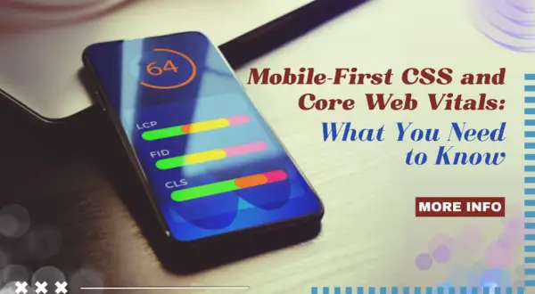 Écran de smartphone affichant des métriques de performance web (LCP, FID, CLS) et le texte "Mobile-First CSS and Core Web Vitals".