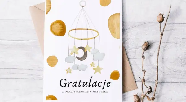 Kartka z życzeniami "Gratulacje z okazji narodzin maluszka" z mobilem dla dziecka.