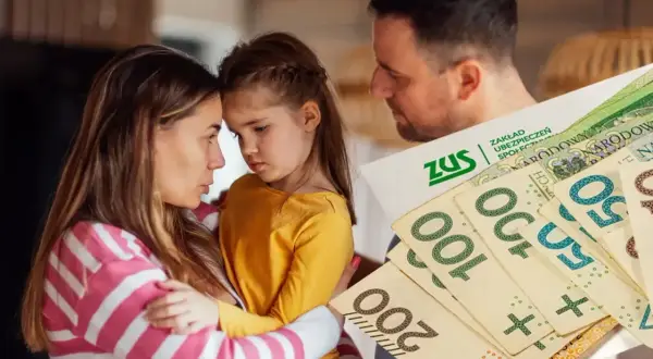 Rodzina z dzieckiem, dokument ZUS i pieniądze. Zapewnienie bytu dziecku to priorytet, renta rodzinna dla dziecka może pomóc.