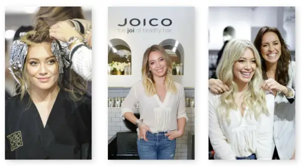 Hilary Duff przechodzi regenerację włosów u fryzjera. Włosy są zawinięte w folię, a potem widać ją z piękną fryzurą.