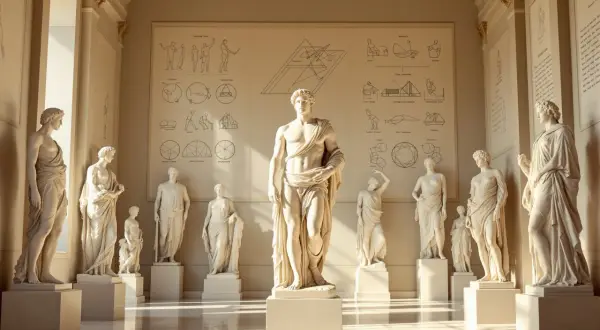 Wielkie greckie posągi mężczyzn w muzeum, oświetlone słońcem.