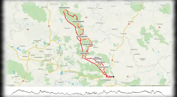 Trasa motocyklem po Szlaku Orlich Gniazd: od Olsztyna przez zamki Bobolice, Bydlin, Rabsztyn, Pieskową Skałę, Ojcowski Park Narodowy aż do Krakowa.