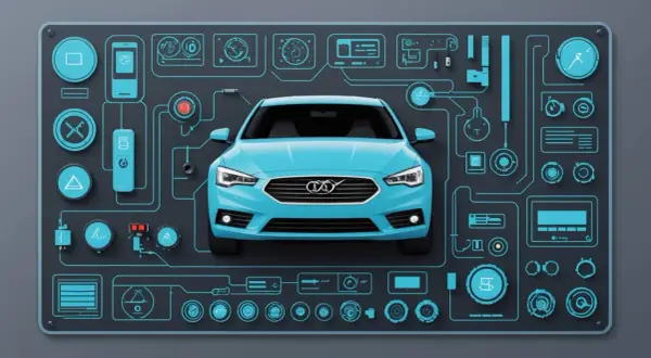 Blå bil omgiven av tekniska diagram och ikoner, som illustrerar ett Lynk & Co problem med bilens system.