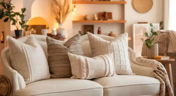 A cozy couch styled with textured pillows, showcasing how to style pillows on a couch for a warm, inviting look.