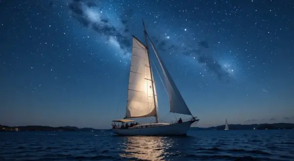 Una nave di notte solca il mare sotto la Via Lattea. Le vele illuminate riflettono la luce stellare, creando un'atmosfera magica.