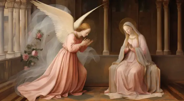 Anioł zwiastuje Maryi, której słowa "Magnificat hymn tekst" rozbrzmiewają w sercu.
