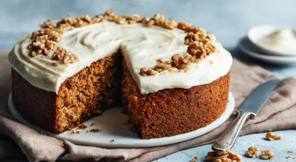 Saftig morotskaka med krämig frosting och valnötter. Undrar du hur länge håller morotskaka i kylen? Denna ser god ut!