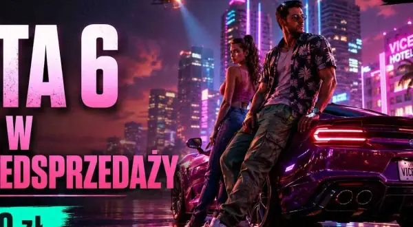 Para GTA VI premiera, para pozuje przy sportowym aucie w neonowym mieście. W tle helikopter i wieżowce.