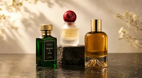 Trzy flakony perfum: zielony "Bergamot & Musk", matowy "Merge" z czerwoną kulką i bursztynowy "Marcy". Wyczuwalny zapach cytrusowy.