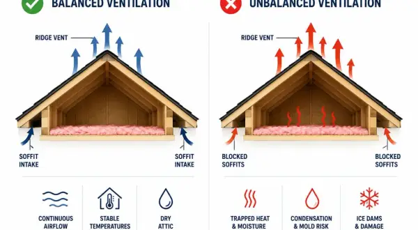 Balanced attic ventilation with soffit intake allows continuous airflow, unlike blocked soffits which trap heat and moisture.