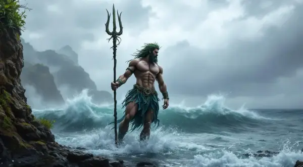 Poseidon dieu des mers, debout dans les vagues déchaînées, tenant son trident. Le ciel est menaçant, les montagnes se dressent au loin.