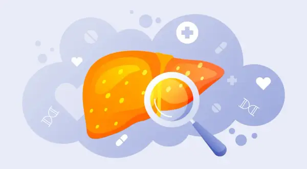 Wizualizacja wątroby pod lupą, symbolizująca pracę hepatologa. W tle chmury z symbolami medycznymi: serce, krzyż, DNA, tabletki.