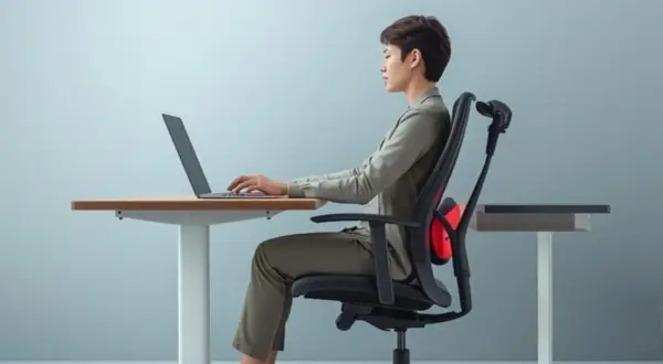 Kobieta z przepukliną kręgosłupa pracuje przy biurku, używając ergonomicznego krzesła z podparciem lędźwiowym.