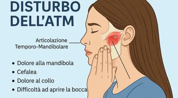 Illustrazione di un disturbo dell'ATM con focus sul dolore alla mandibola, mal di testa e difficoltà ad aprire la bocca.