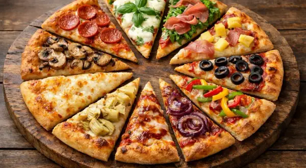 Un assortiment de parts de pizza aux garnitures variées : pepperoni, champignons, artichauts, olives, poivrons, oignons rouges, jambon, ananas. Une belle idée garniture pizza pour tous les goûts.