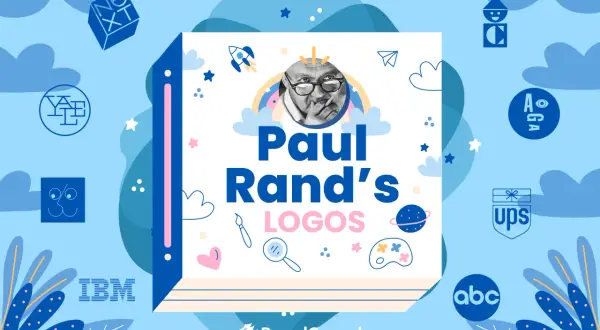 A collage celebrating Paul Rand's logos, featuring his portrait and iconic designs like IBM, UPS, and ABC, set against a whimsical blue background with clouds and stars.
