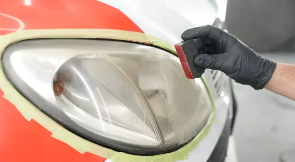 Mano con guanto nero lucida un faro auto opaco, pronto per verniciare. Nastro protettivo arancione e verde.
