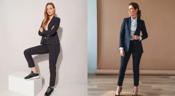 Dwie kobiety w eleganckich garniturach. Jedna w sportowych butach, druga w szpilkach. Jakie buty do garnituru damskiego zimą?
