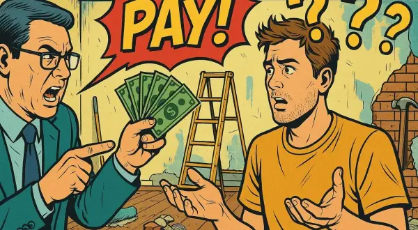 Un uomo in giacca e cravatta mostra soldi a un altro uomo confuso, con un fumetto "PAGA!". Forse si discute di migliorie locazione e costi inaspettati.