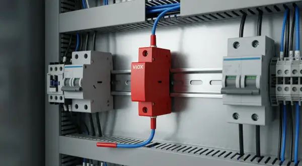 Czerwony moduł VIOX, chroniący przed łukiem elektrycznym, zamontowany w szafie sterowniczej obok wyłączników.