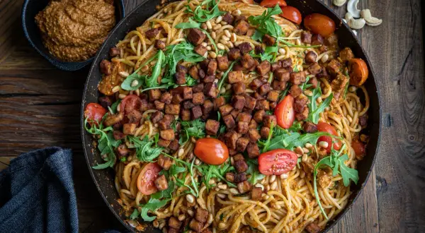 En stor panna med spaghetti blandad med krämig pesto rosso, toppad med krispiga tempebitar, pinjenötter, körsbärstomater och ruccola. Ett perfekt pesto rosso recept!